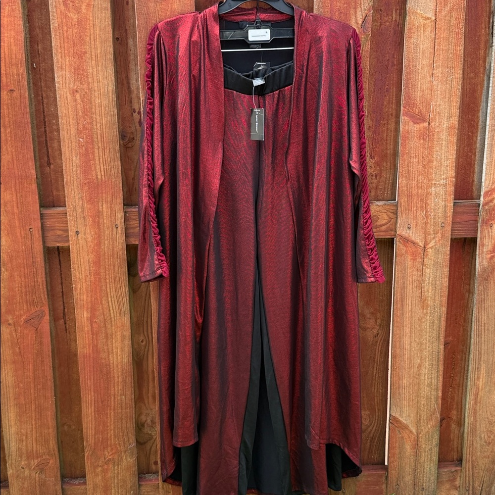 Ashley Stewart Metallic Red Black Duster Cardigan & Pants Set Plus 14/16